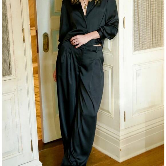 NWT Dannijo Size Small Noir Boss Pleated Trousers Wide Leg Designer Luxury Chic - Picture 2 of 13